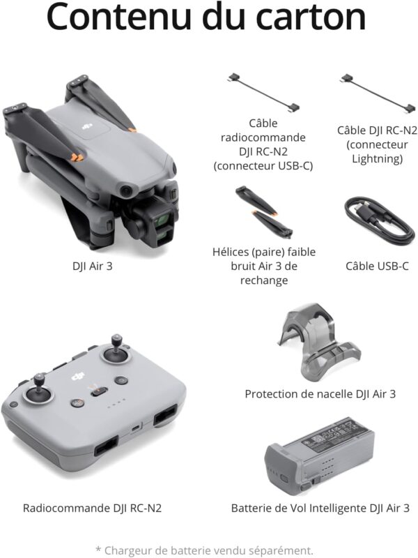 DJI Air 3 – Drone Double Caméra (Grand-Angle & Télé Moyenne Focale) avec Radiocommande RC-N2 – 48 MP – 4K HDR/60 ips